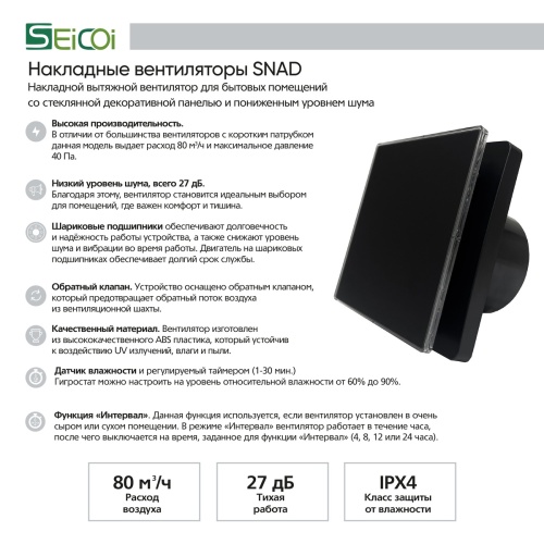 Накладной вентилятор Seicoi 100 Matt Black Glass SNAD04-01D